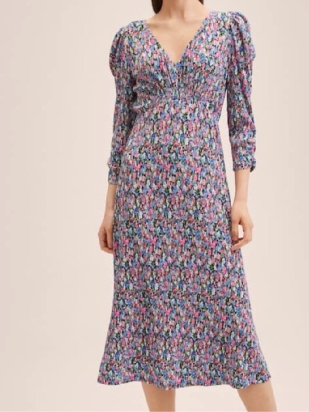 V-Neck Puff Sleeve Midi Dress in Pink & Blue Floral